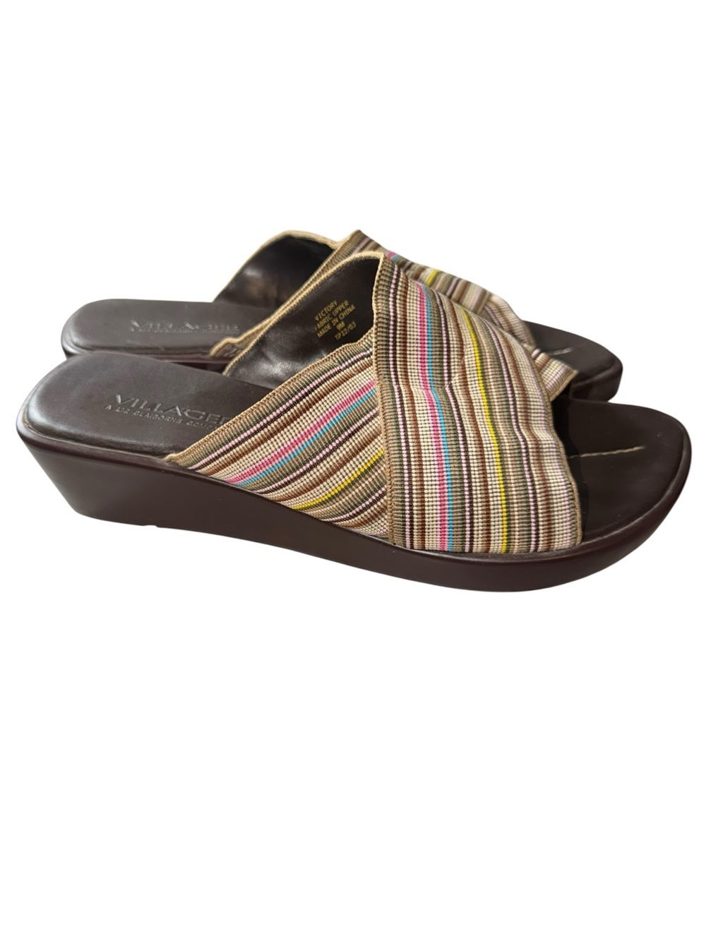 Liz Claiborne Multicolor Striped Fabric Wedge Mules with Brown Sole